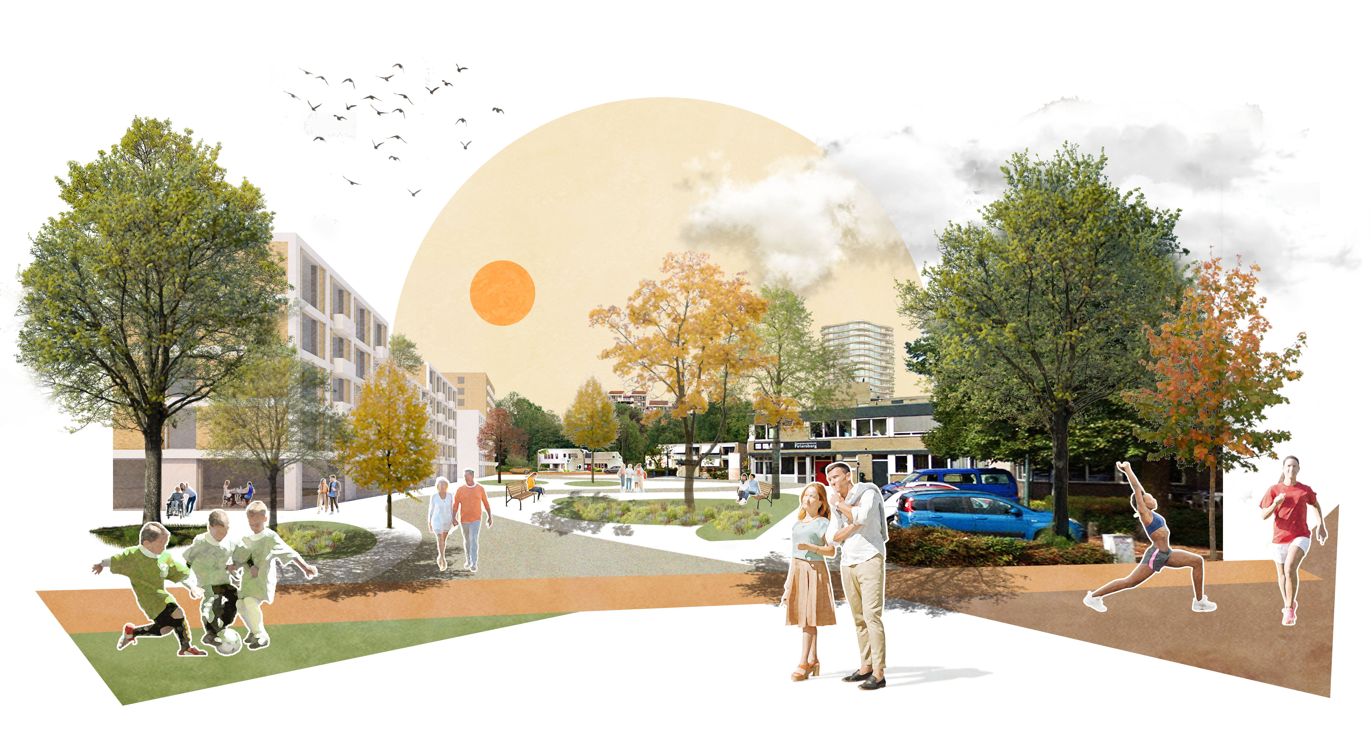 Een gelijkvloerse oversteek over de afgeschaalde Burgemeester Matsersingel verbindt het hart van beide wijken met elkaar. De route wordt begeleid door nieuwe woningen, waar jong en oud compact maar kwalitatief samenwonen en biedt een aanvullend alternatief op de passerelle.