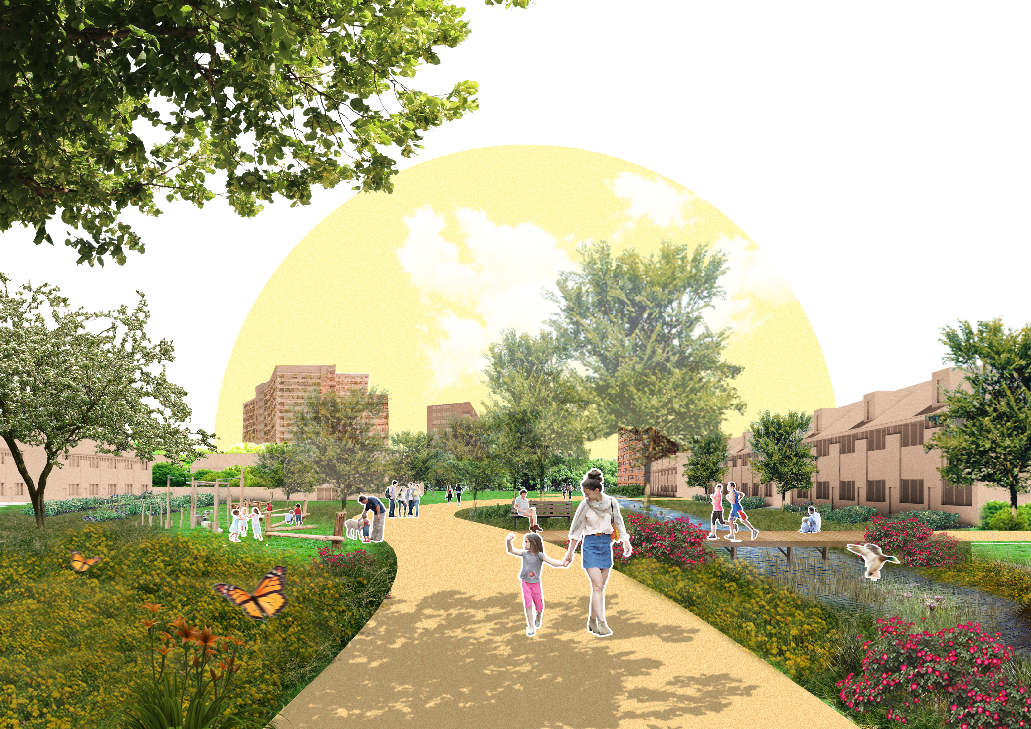 In Vredenburg biedt het Groningenpark een koele route, waar het water bovengronds wordt afgevoerd en in verbinding staat met de Immerlooplas. Dit betekent een enorme verrijken van de ecologie, met bovendien spelaanleiding voor kinderen. De gezamenlijke nieuwbouw van de basisscholen biedt aanleiding de omliggende pleinen en speelgelegenheden af te stemmen op deze ecologische routes. De buurtmoestuin krijgt en plek en in samenspraak met jongeren wordt een jongerenontmoetingsplek (JOP) ontworpen en geplaatst.